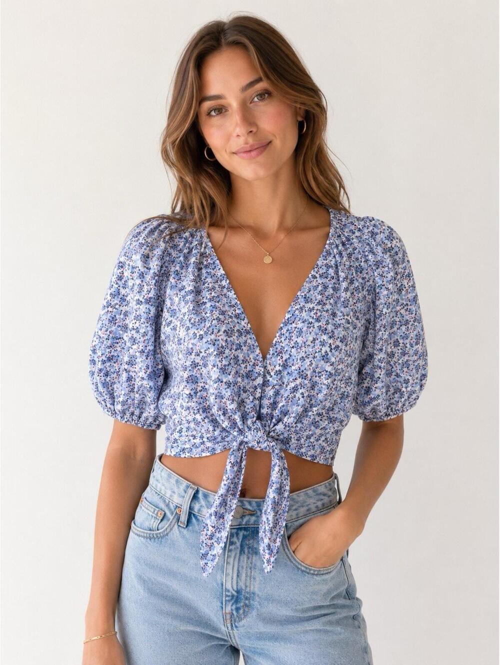 Abercrombie & Fitch Linen Blend Floral Tie Front Crop Top Puff Sleeve XS